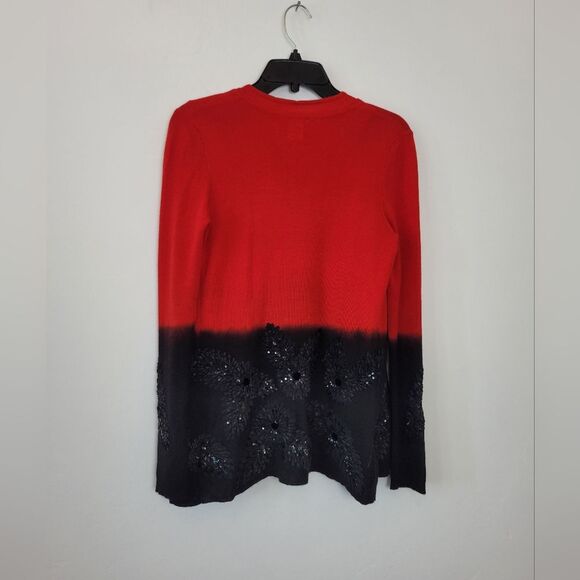 Oscar De La Renta Cardigan Sweater Set Cashmere Silk Red Black Floral Sequin - Picture 11 of 13